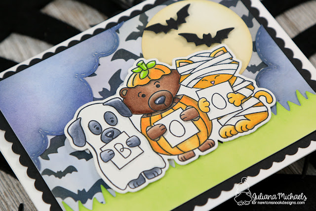 Boo Halloween Card by Juliana Michaels featuring Newton's Nook Designs Halloween Trio Stamp Set and Flying Bats Stencil