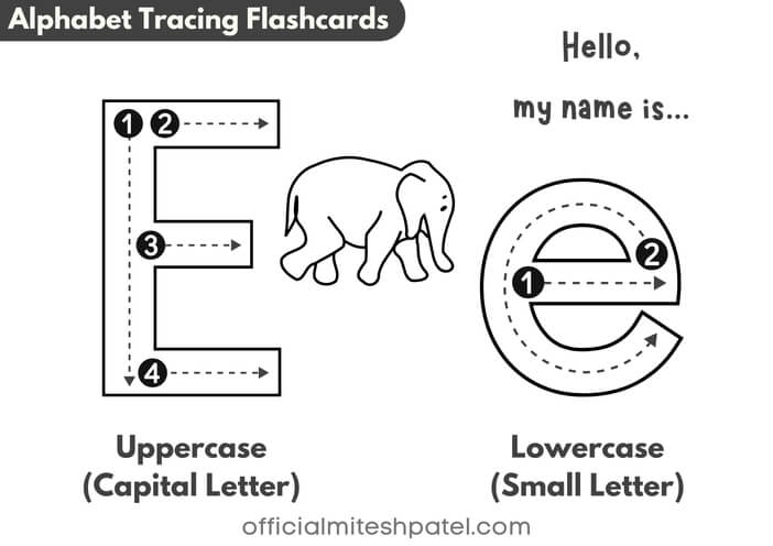 Free Printable Letter E Alphabet Tracing Flash Cards PDF download