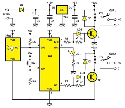 Schéma électrique du récepteur infrarouge à deux canaux.