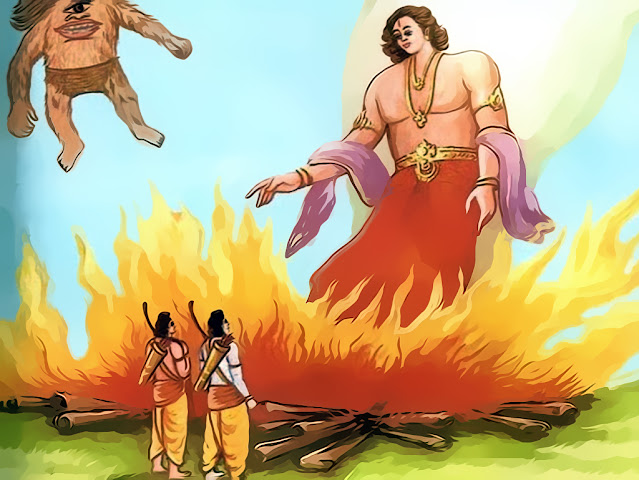 Kabandha in gandharva form speaking to Rama and Lakshmana