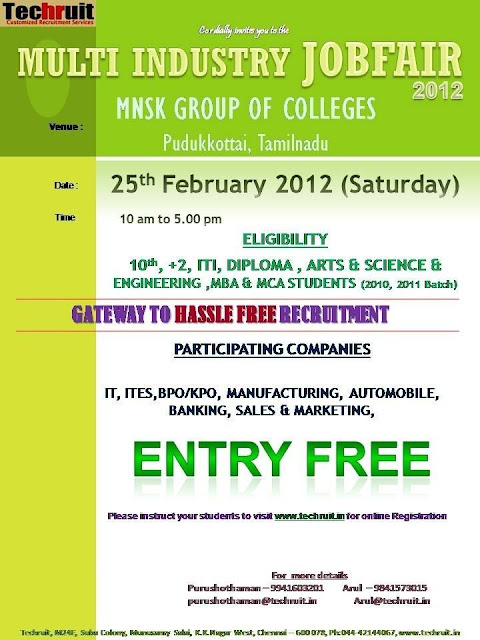 Techruit conducting Multi Industry Job fair at MNSK group of Colleges, TamilNadu