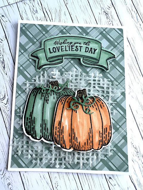 Fall greeting card with two colored pumpkins using Stampin' Up! Hello Harvest Bundle
