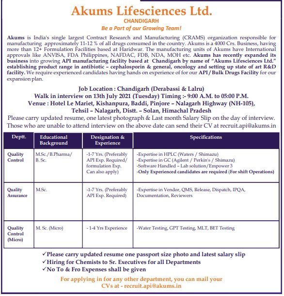 Job Availables, Akums Lifesciences Ltd Walk In Interview For for Quality Control, Quality Assurance, QC Micro