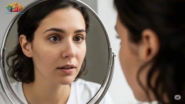 امرأة تنظر عن قرب في المرآة لملاحظة المسام الواسعة في بشرتها المختلطة