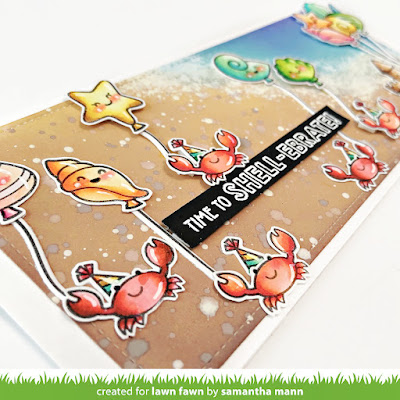 Time to Shell-ebrate Card by Samantha Mann for Lawn Fawn, Slimline Card, Distress Inks, Ink Blending, Lawn Fawn, Die cuts, YouTube, Video, Tutorial, #lawnfawn #lawnfawnvideo #distressinks #inkblending #slinline #slimlinecards #cardmaking