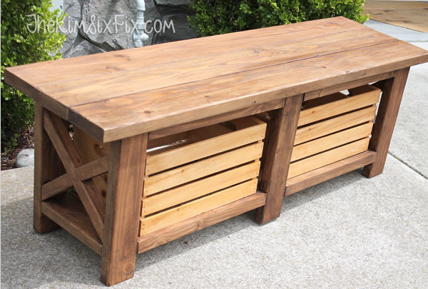 Rustic X-Leg Wooden Bench with Built-In Crate Storage made ...