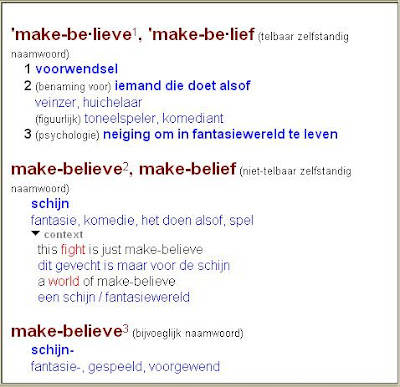 Schermafbeelding lemma make-believe in Van Dale Groot woordenboek Engels-Nederlands