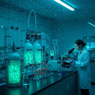 A futuristic laboratory bathed in a mesmerizing blue-green energy aura, symbolizing clean and renewable hydrogen technology.
