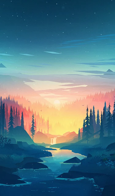 Sunset at river 2d illustration