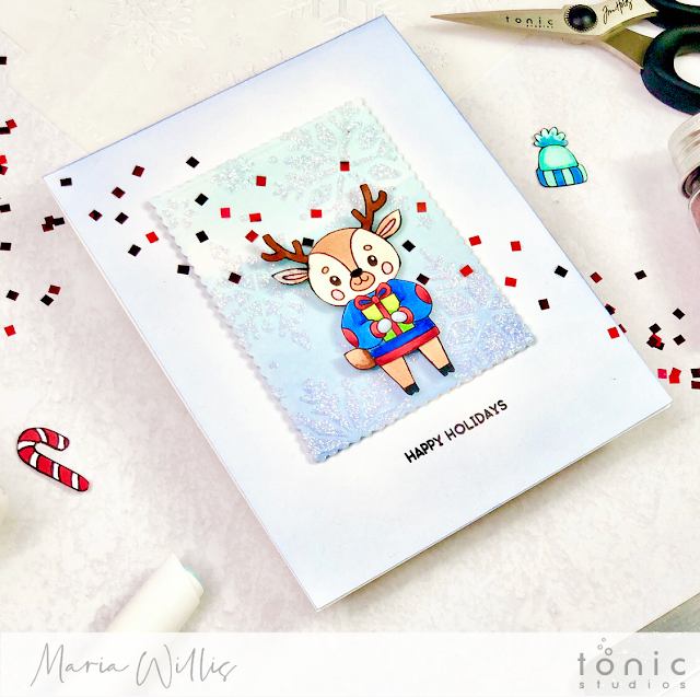 #tonicstudios, #tonicstudiosusa, #tonicstudiosgardenparty, #tonicwonderfulwishes, Cardbomb, Maria Willis, #christmas, #cards, #handmade, #handmadecards, #craft, #create, #watercolor, #nuvo, #art, #diy, #video, #videotutorial, reindeer, 