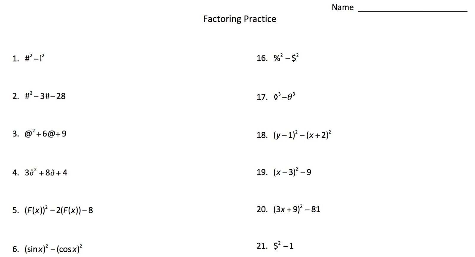 Factoring with Symbols  Mrs. E Teaches Math  Within Algebra 1 Factoring Worksheet