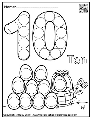 Easter 123 numbers dot markers printables,free preschool coloring pages ,free download pdf book , bunny rabbit holding basket of eggs