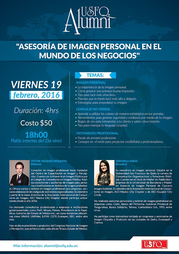 Alumni USFQ invita al Seminario Asesoría de imagen personal en el mundo de los negocios, 19 de febrero, 18h00