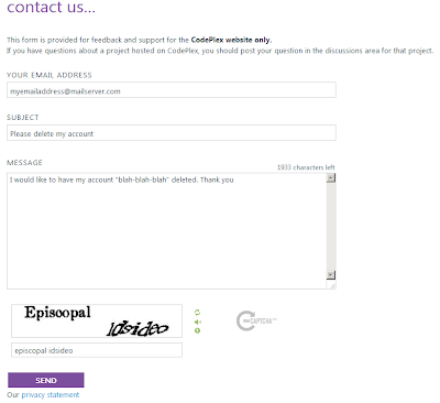 Запрос на удаление аккаунта на CodePlex