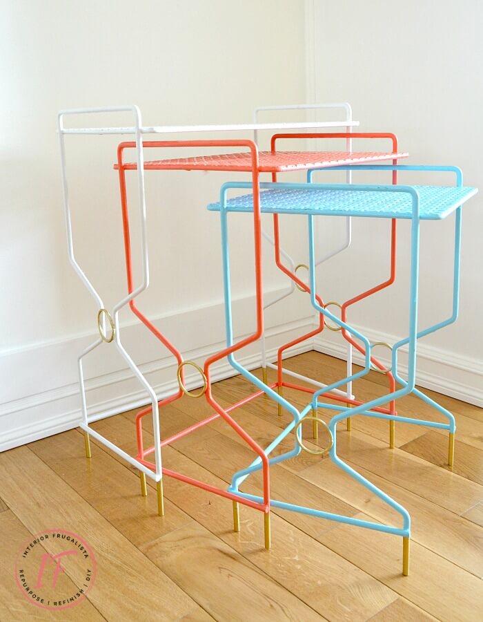 How to quickly and easily refresh vintage wrought iron mesh nesting tables in bright bold retro colors reminiscent of 1950s coastal outdoor furniture.