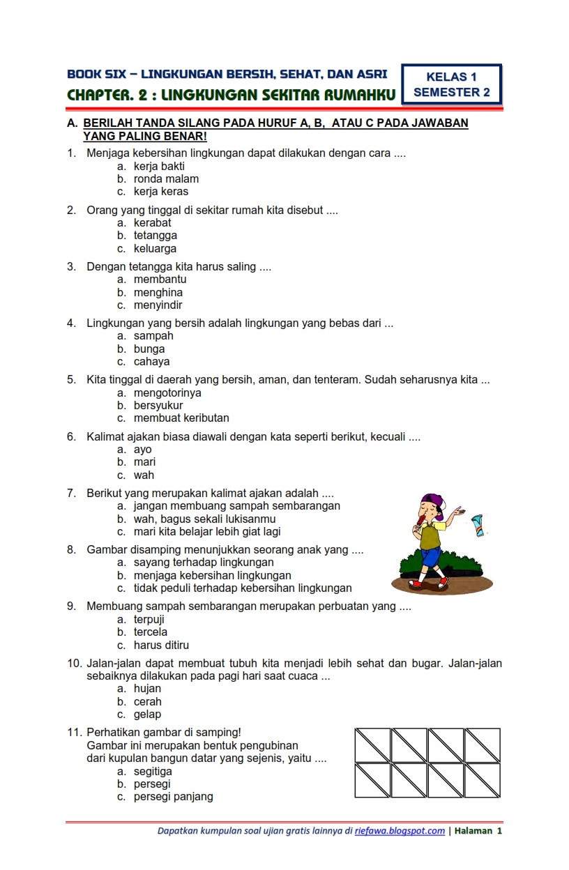 Download Soal Tematik Kelas 1 Semester 2 Tema 6 Subtema 2  Lingkungan Bersih, Sehat, dan Asri 