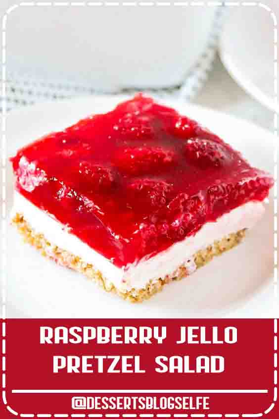 Raspberry Jello Pretzel Salad - One of my favorite jello salad recipes! The cream cheese mixture and salted pretzel crust mixed with the raspberry jello is the perfect combo. A little sweet, a little salty and a LOT of deliciousness! #DessertsBlogSelfe #recipevideo #pretzelsalad #thanksgiving #christmas #sidedish #dessert #nobake #SummerDesserts #puddings #videos