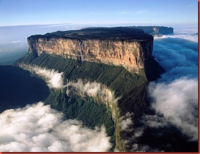 Aerial image of Tepuis, Venezuela South America: Mount Roraima (Cerro Roraima) from the north.
When British photographer, Adrian Warren, made a documentary film about the rainforest mountains of Venezuela, surrounded by oceans of puffy white clouds and almost unexplored, he never imagined it would be turned into Disney Pixar’s latest animated film, UP.
Then, in 2005, he got a call from the movie’s director Pete Docter, who had seen his documentary and wanted the mystical mountains he saw in it to be the setting for UP, a 3D epic about an old man named Carl, who ties thousands of balloons to his house and floats away to a mystical land of beauty and adventure.
Warren, 60, an Indiana Jones type character who has been back and forth to Venezuela since the sixties, had unwittingly found the real life setting for Carl to land his balloon house. 
He took UP’s production team on a ten day adventure to the luxuriant rainforest of Venezuela  to see the highest waterfall in the world, ride endless rapids and climb towering summits in a hidden world of cloud islands.
“Where I took them, more people had landed on the moon than had been to this place,” Warren said, referring to a place on Kukenan, a remote 2622 metre high summit he took the film-makers to.
“It’s one of the last pristine unexplored areas of the world, in fact the plants and the animals are known no-where else. It’s a real living laboratory as far as natural history is concerned.”
Director Pete Docter was amazed by what he saw, first in Warren’s film, ‘The Lost World,’ and then first hand with Warren as his guide. This was the land where Conan Doyle set his 1912 novel about prehistoric animals, also called ‘The Lost World’.
“As soon as I popped in the DVD [of Warren’s film] my hair stood on end because I knew this was where we should set the movie,” Docter said in the production notes.
“One of the biggest challenges on this film was to design a place that looked otherworldly and yet was still believable enough tha