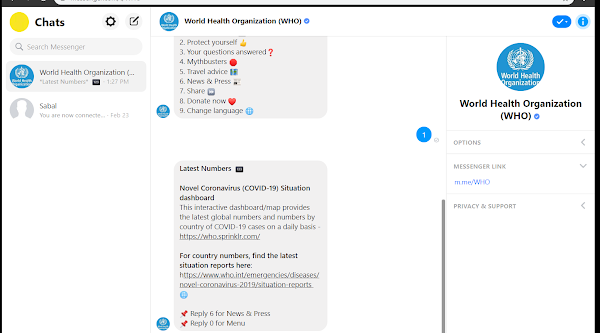 منظمة الصحة العالمية تستخدم Facebook Messenger Chatbot لتقديم خدمة تفاعلية لفيروسات كورونا