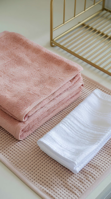 A luxurious bathroom corner with blush pink towels stacked neatly, a beige bath mat, and soft gold accents like a towel rack or a small tray.