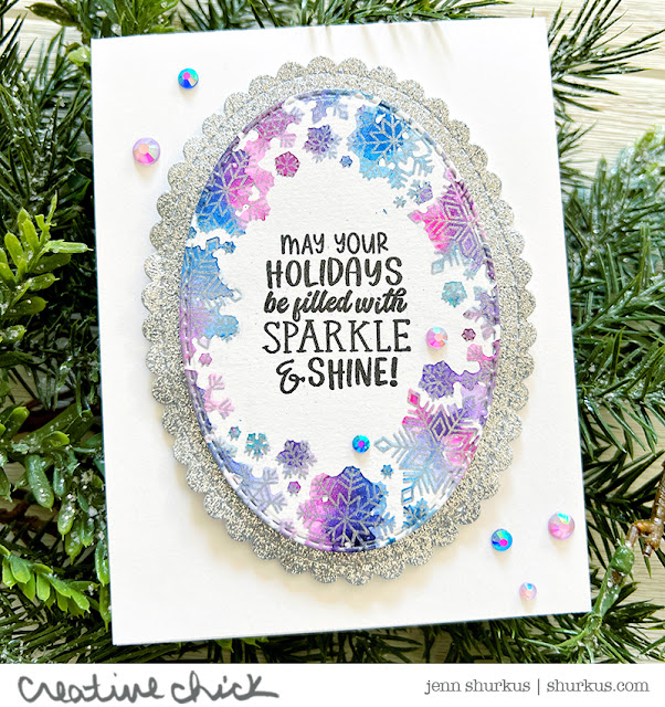 Deck the Halls with Inky Paws Week - Day 2 - Jenn Shurkus | Snowflake Oval Stamp Set and Oval Frames Die Set by Newton's Nook Designs #newtonsnook #handmade