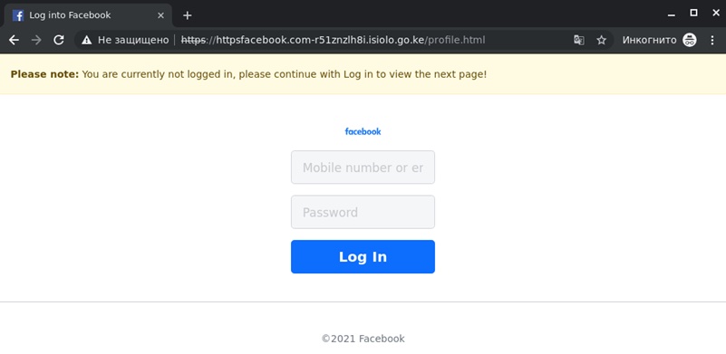 An example of a phishing page mimicking Facebook