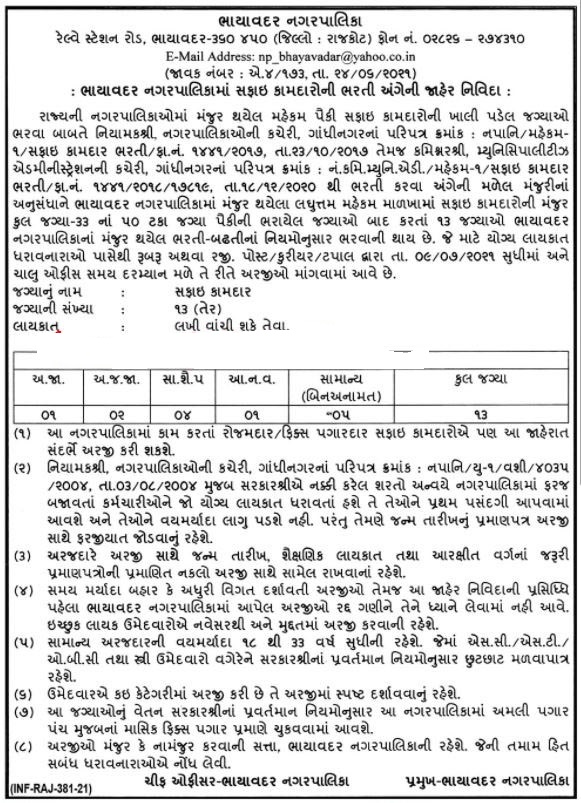 Bhayavadar Nagarpalika Recruitment 2021 | Safai Kamdar Bharti