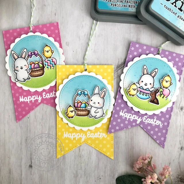 Sunny Studio Stamps: Scalloped Circle Mat Dies Slimline Dies Chubby Bunny Easter Tags by Tammy Stark