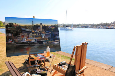 plein air painting of the Sydney Heritage Fleet from Blackwattle Bay painted by industrial heritage artist Jane Bennett