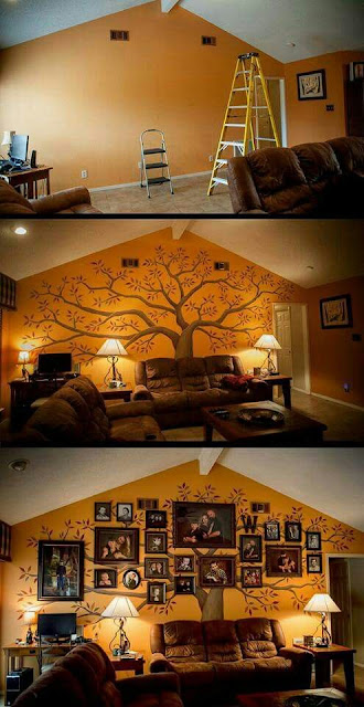 Cómo decorar la pared de tu hogar con un árbol pintado y cuadros con fotos de la familia