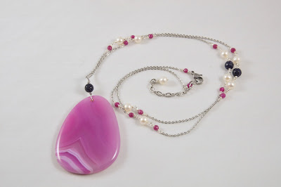 hot pink long stone pendant necklace with white freshwater pearls blue goldstone stainless steel chain adjustable handmade