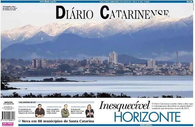 Picos nevados na Grande Florianópolis na histórica nevada de 2013. Diário Catarinense. Reprodução