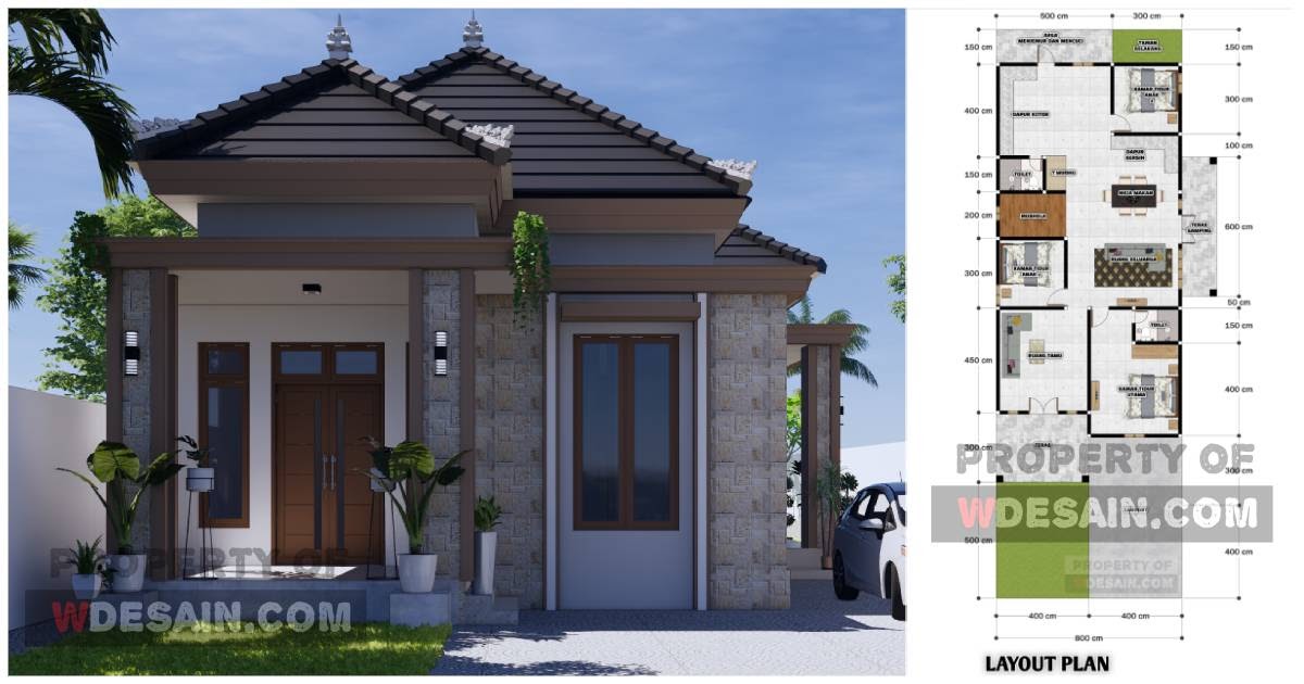  Desain  Rumah  10x20  1Lantai 3 Kamar Dengan Teras Samping 