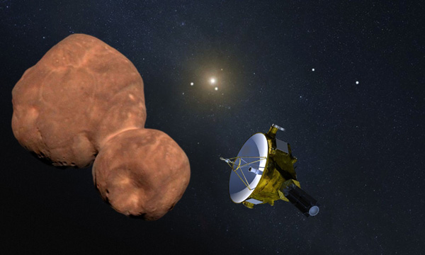 A composite image showing NASA's New Horizons spacecraft flying past the Kuiper Belt object Arrokoth in early 2019.