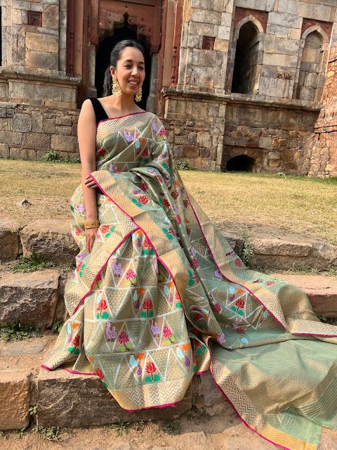 Double tissue kota doria saree with birds and floral motifs