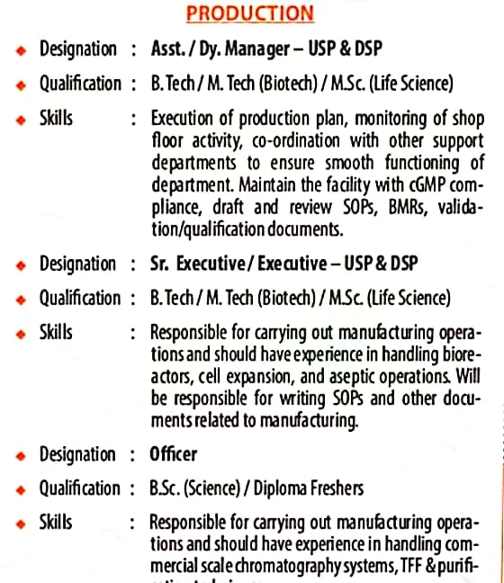 Freshers Diploma, B.Tech, M.Tech, B.Sc, M.Sc Job Vacancy Walk In Interview For Biological E. Limited Production Department