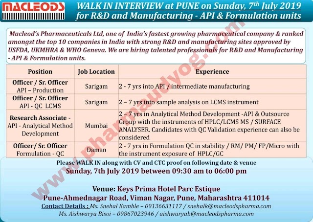 MacLeods | Walk-in interview for Multiple Departments | 7 July 2019 | Pune