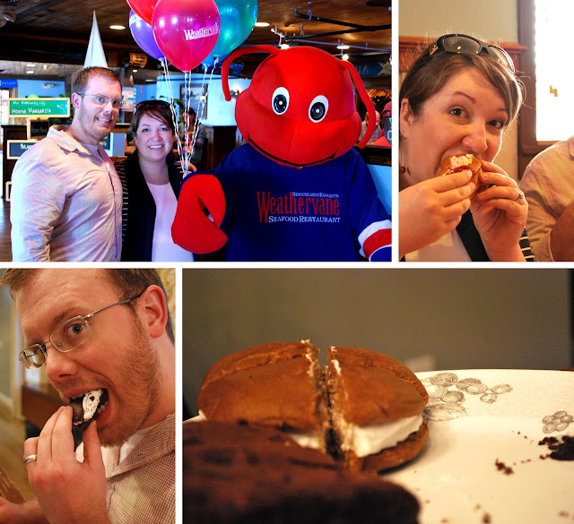 Four photos of East Coast food. B and Megs next to a lobster mascot. Megan eating her lobster roll. A maple whoopie pie cut into fourths. B eating a slice of a chocolate whoopie pie.