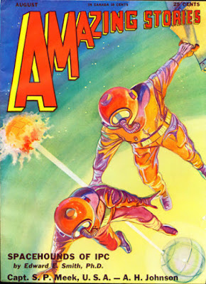 An "Amazing Stories" cover depicting two astronauts floating in space.