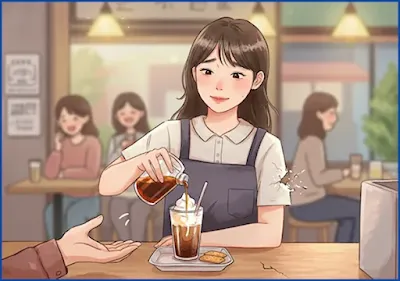 카페 사장님이 고객에게 과도한 서비스를 제공하며 내면의 갈등을 겪는 모습을 보여주는 감성적인 수채화 일러스트.