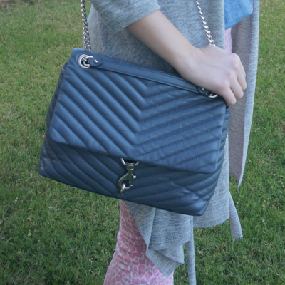 pink jeans, grey cardigan and Rebecca Minkoff Edie regular shoulder bag in Luna blue | awayfromtheblue