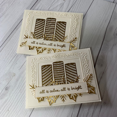 Sophisticated Christmas Cards using ornate die cut borders and gold foil die cuts and embossed images