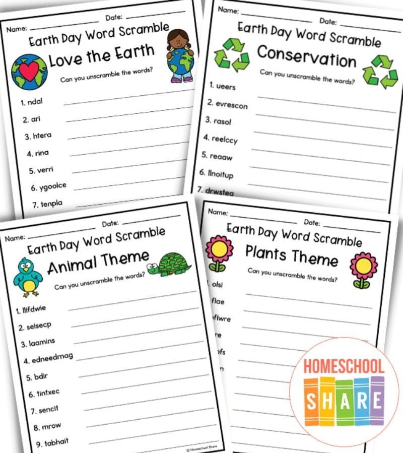 Earth Day word scramble sheets