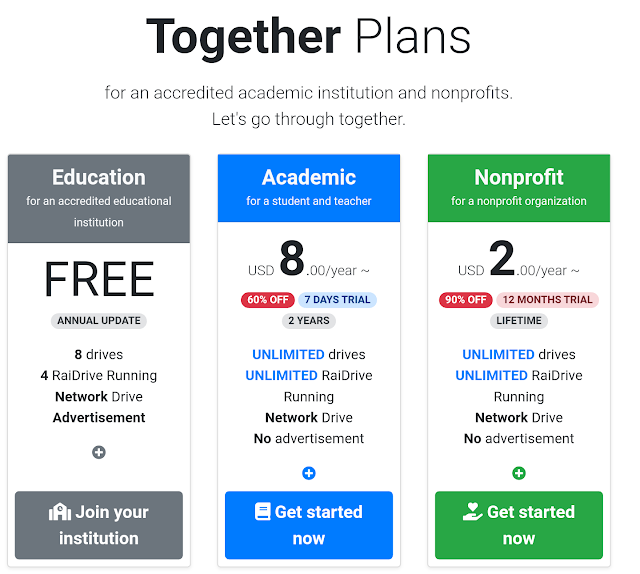 RaiDrive ra mắt 2 gói mới Academic và Nonprofit