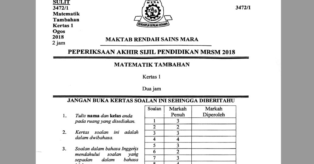 Soalan Percubaan Spm 2018 Matematik Tambahan Mrsm Kelantan Kedah Selangor Skema Jawapan Sayidahnapisahdotcom