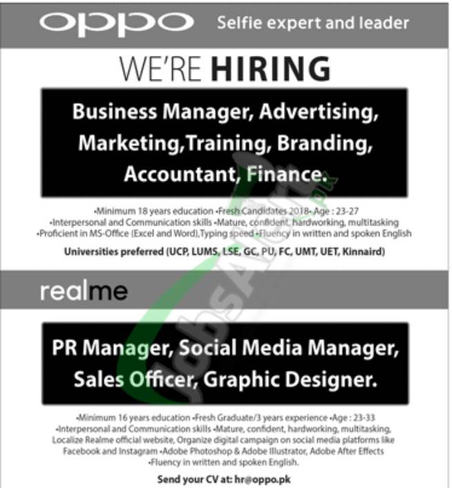 Oppo Jobs 2023 for Managers & Sales Officer (Male & Female)