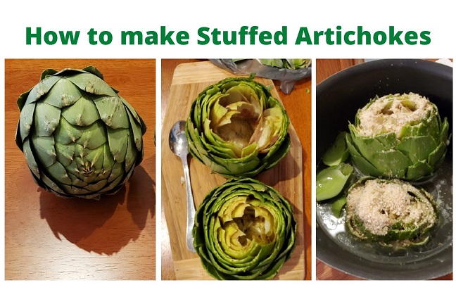 this is a collage of how to make stuffed Italian artichokes