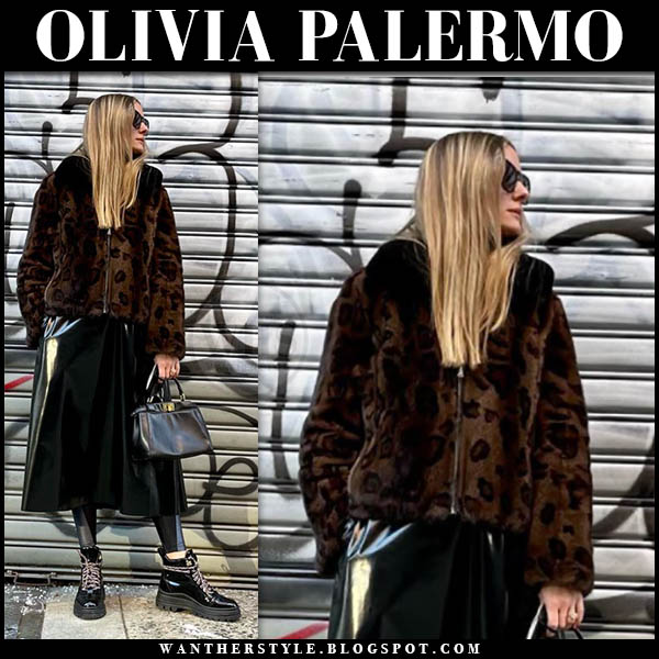 Olivia Palermo in brown leopard fur jacket and black patent ankle boots