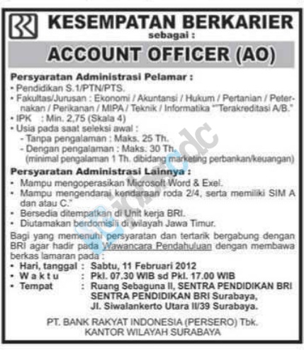 PT Bank Rakyat Indonesia (Persero) Tbk - Account Officer 