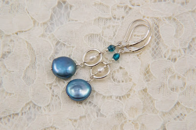 dangle coin pearl earrings blue coin pearls white rice pearls sterling silver rings spring handmade jewelry